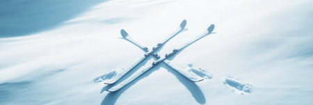 Crossed skis rest against a sparkling snowy backdrop, showcasing a beautiful winter day ready for skiing adventures.の素材