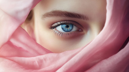 A woman with a captivating blue eye gazes through soft pink fabric, highlighting her delicate features and unique expression.の素材