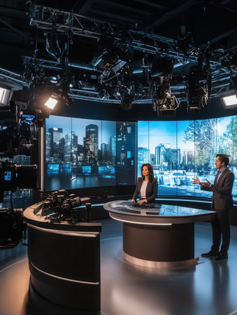Two news anchors deliver the latest updates from a state-of-the-art broadcasting studio with impressive city views behind them.の素材