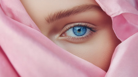 The captivating blue eye of a woman is partially concealed by a soft pink fabric, creating a serene and mysterious atmosphere.の素材