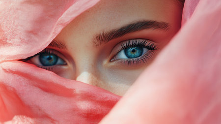 The captivating blue eyes of a young woman peek through delicate pink fabric, creating an enchanting and serene atmosphere.の素材