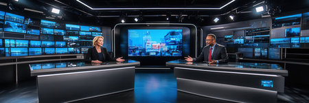 Two anchors converse about breaking news in a sleek television studio filled with digital displays and bright lighting.の素材