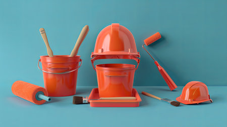 A 3D rendering of a set of orange paint supplies for a home renovation project. The scene includes paint rollers, brushes, buckets, and a safety helmet.の素材