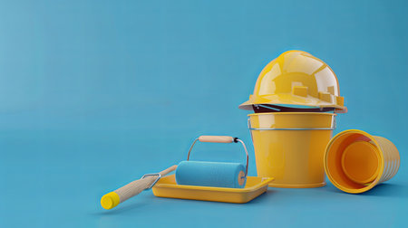 A 3D rendering of a yellow safety helmet, paint roller, paint tray, and paint buckets on a blue background, representing home renovation and interior design.の素材