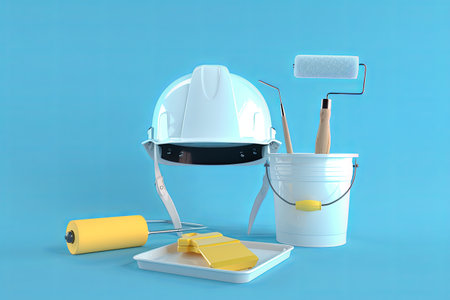 A 3D rendered image of a white safety helmet, paint roller, and bucket against a blue backdrop.の素材
