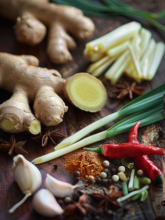 A colorful array of ginger, garlic, chili peppers, star anise, and lemongrass spread out on a wooden board ready for cooking.の素材