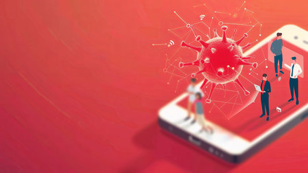 A smartphone displays an emergency warning alert, highlighting data network protection and virus threats, with users engaged in the app.の素材