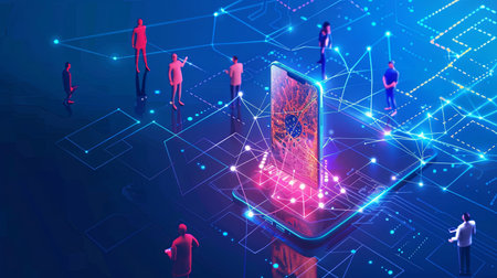 An emergency warning alerts smartphone users about a virus threat as people interact with network security applications.の素材