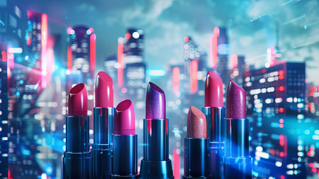 Colorful lipsticks are arranged in a row, contrasting vividly with a neon-lit city skyline under a night sky.の素材