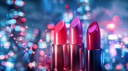 Three vibrant lipsticks stand prominently with a dazzling city background, capturing the essence of nighttime glamor and style.の素材