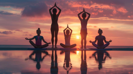 Five individuals perform yoga poses at sunset by the ocean, creating a peaceful atmosphere reflected in the water.の素材