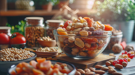 A vibrant assortment of dried fruits and nuts fills a bowl on a wooden table, with jars and fresh ingredients in a warm kitchen atmosphere.の素材