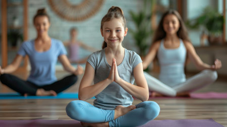 A girl sits cross-legged with hands in a prayer position, surrounded by others practicing yoga peacefully in a serene studio setting.の素材