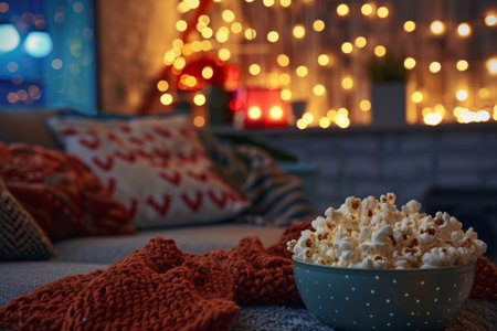 A bowl of popcorn sits on a cozy fabric, surrounded by festive decorations and twinkling lights, perfect for a movie night.の素材