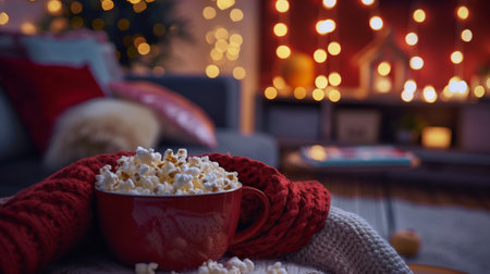 A bowl of popcorn sits on a cozy blanket, surrounded by festive lights that illuminate a warm and inviting living space.の素材