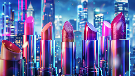 Colorful lipsticks in various shades shine brightly with a stunning city skyline as a backdrop, highlighting the beauty collection.の素材