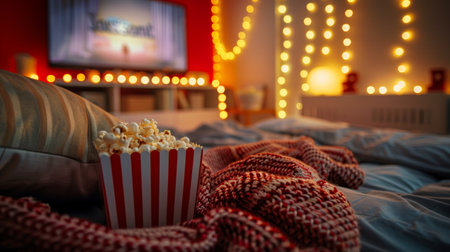 A cozy bedroom is inviting with soft lighting, a prepared bowl of popcorn, and a warm blanket ready for a movie night.の素材