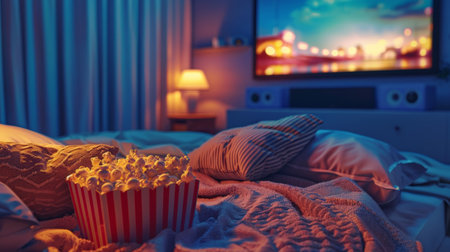 A comfortable bed with fluffy blankets, a bowl of popcorn, and a brightly lit television showing a movie in the background.の素材