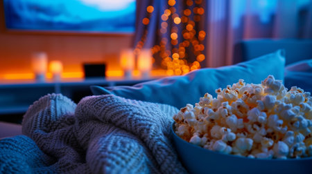 A warm living room setting features a bowl of popcorn alongside a soft blanket, inviting a relaxing movie night atmosphere in the evening.の素材
