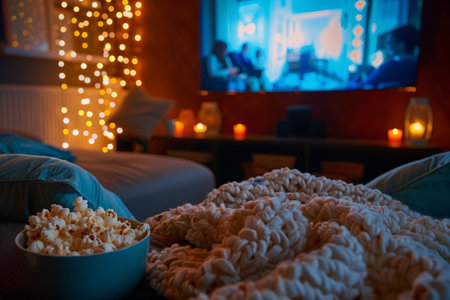 A cozy living space showcases a bowl of popcorn beside a blanket, illuminated by warm lights and a movie playing on the screen.の素材