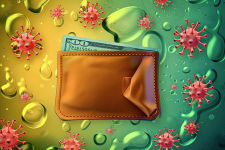 An almost empty wallet displays a single bill, symbolizing the financial strain and impact of the coronavirus on many households.の素材