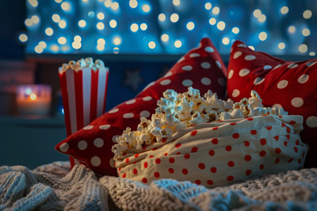 A welcoming space features bowls of popcorn, decorative pillows, and warm lights, inviting for a perfect movie night experience.の素材