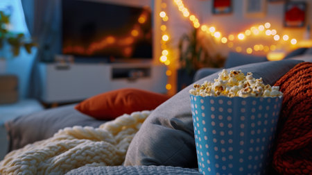 A vibrant living room features popcorn in a bowl, plush blankets, and twinkling lights, creating a cozy atmosphere for movie night.の素材