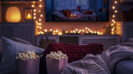 A cozy living room adorned with soft blankets, popcorn, and twinkling lights, creating a perfect setting for a winter movie night.の素材