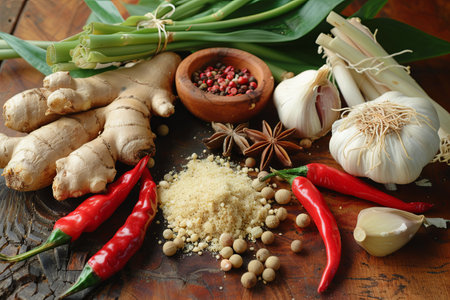 Assorted Asian spices are beautifully arranged, showcasing fresh ginger, garlic, chili peppers, star anise, and lemongrass on a wooden table.の素材