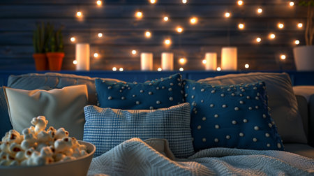 A comfortable living room features soft pillows, a bowl of popcorn, and twinkling lights, creating a warm ambiance for relaxation.の素材