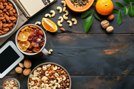 An assortment of nuts and dried fruits is beautifully arranged on a wooden table, complemented by fresh citrus fruits for a healthy snack.の素材