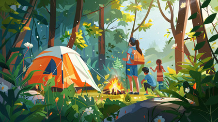 A family gathers around a campfire in a lush forest, with a colorful tent set up nearby, enjoying a peaceful afternoon outdoors.の素材