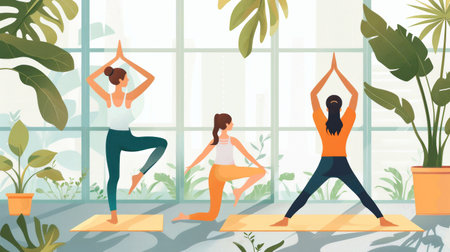 Three women perform yoga poses on mats amid vibrant plants, enjoying the warm sunlight streaming through large windows.の素材
