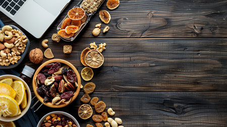 A vibrant mix of dried fruits and nuts displayed on a rustic wooden table, perfect for a healthy energy boost any time of day.の素材