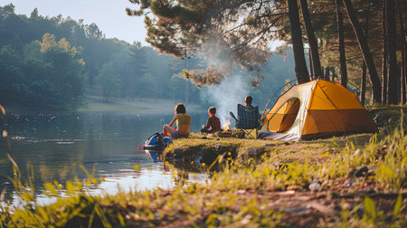 A family enjoys a peaceful afternoon at the lakeside, relaxing by their tent while a campfire smolders nearby.の素材