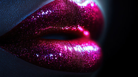 The close-up captures shiny, colorful lips glistening with a mesmerizing gloss, highlighting their allure and captivating shine.の素材