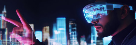 An augmented reality architect creates glowing structures in mid-air while showcasing futuristic designs against an urban skyline.の素材