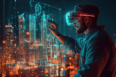 An architect designs glowing virtual structures in mid-air with augmented reality glasses amidst a high-tech urban environment at night.の素材