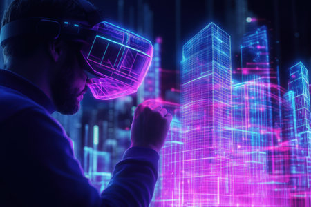 An architect utilizes augmented reality glasses to design glowing, transparent structures in a futuristic urban environment.の素材