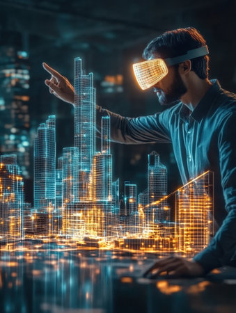 An architect employs augmented reality glasses to create glowing, semi-transparent structures above a dynamic city landscape.の素材