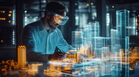 An architect employs augmented reality glasses to create glowing virtual buildings in a bustling, high-tech urban environment.の素材