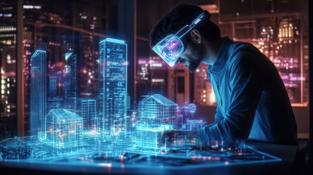 An architect engages in creating virtual buildings with AR glasses, designing intricate designs in a high-tech urban environment.の素材
