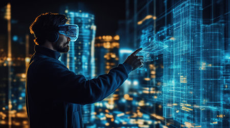 An architect designs innovative virtual structures in a dazzling futuristic cityscape while wearing augmented reality glasses.の素材