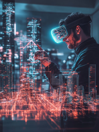 A professional is designing virtual structures using augmented reality glasses in a modern, illuminated urban environment.の素材
