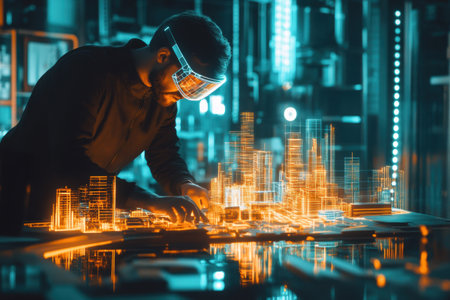An architect designs virtual buildings in a high-tech urban environment, utilizing augmented reality glasses to project innovative structures.の素材