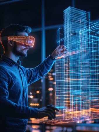 An architect uses augmented reality glasses to create glowing, semi-transparent buildings in a vibrant futuristic urban setting.の素材