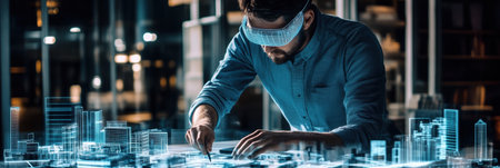 An architect designs glowing, transparent structures using augmented reality glasses in a high-tech urban environment at night.の素材