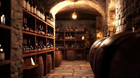 This cozy wine cellar features wooden barrels and organized shelves holding various wine bottles, creating a rustic atmosphere.の素材