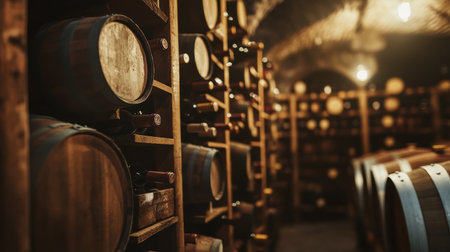This wine cellar showcases wooden barrels alongside neatly stacked shelves that hold a wide selection of wine bottles.の素材