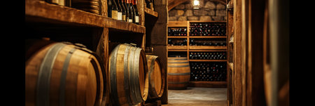 The atmosphere is rich with the aroma of aged wine, featuring wooden barrels and neatly arranged bottles on shelves.の素材